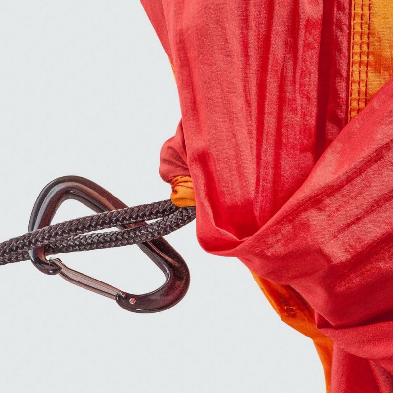 Orange & red hammock made from old silk parachutes