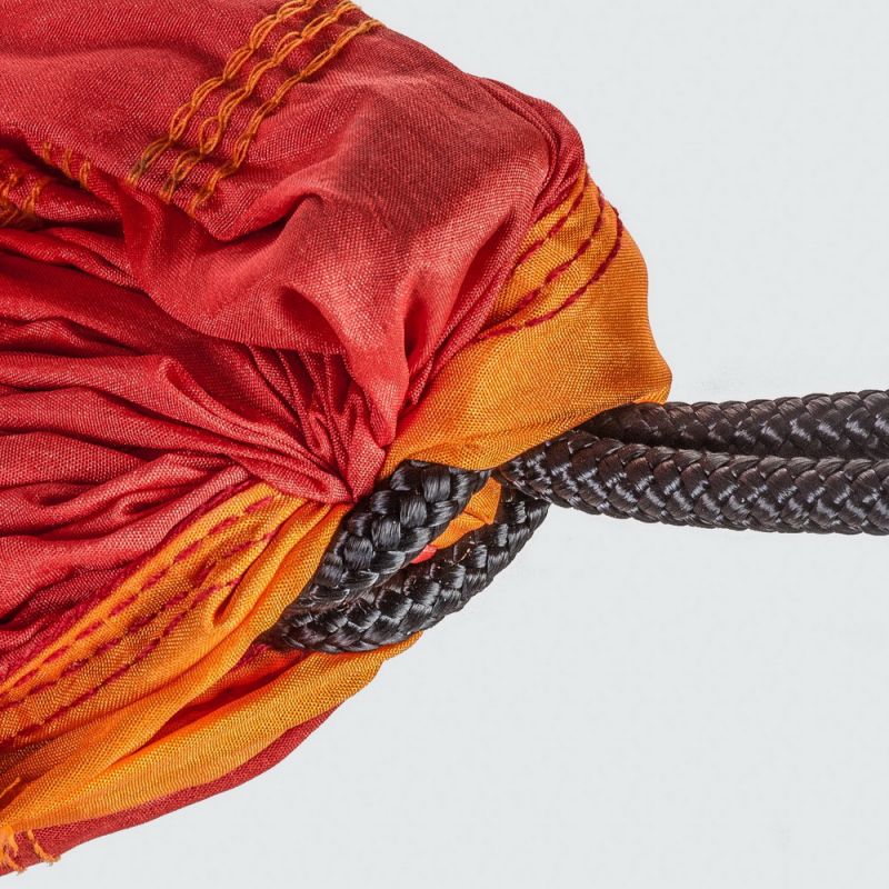 Orange & red hammock made from old silk parachutes