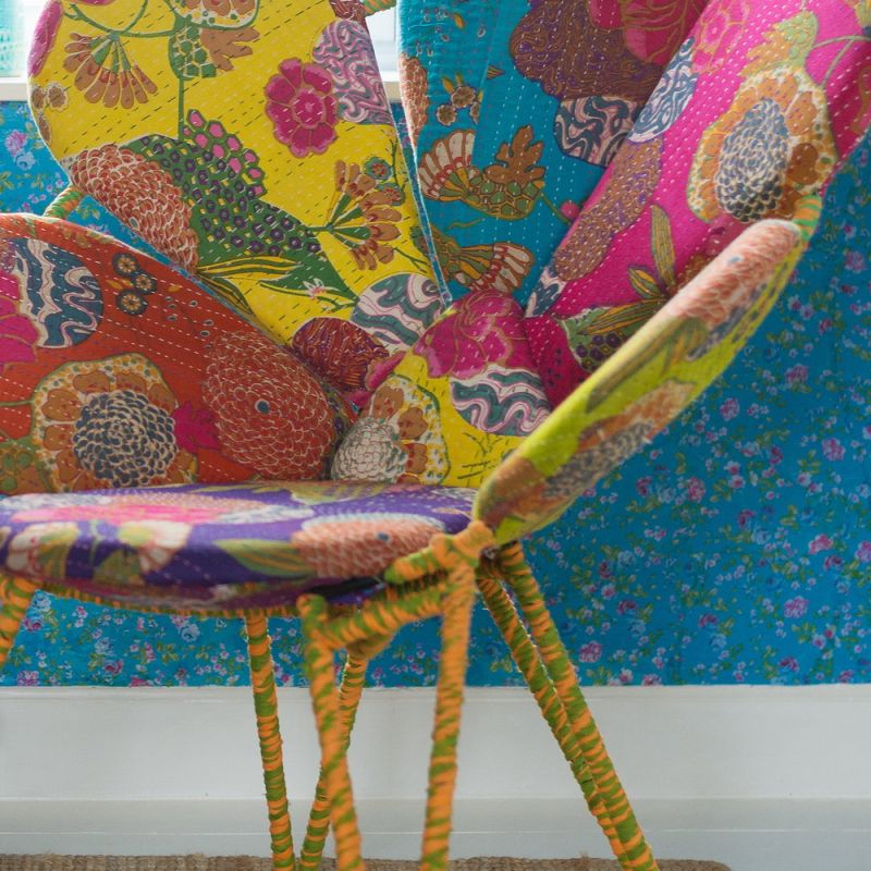 Callalily kantha work iron flower chair 86.5X73cm