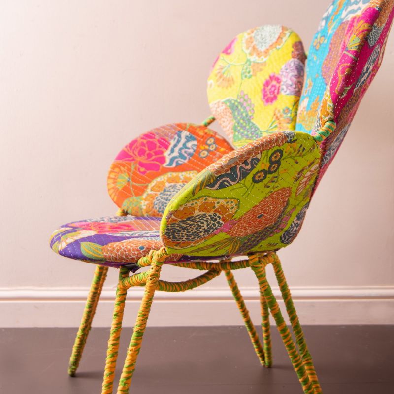 Callalily kantha work iron flower chair 86.5X73cm