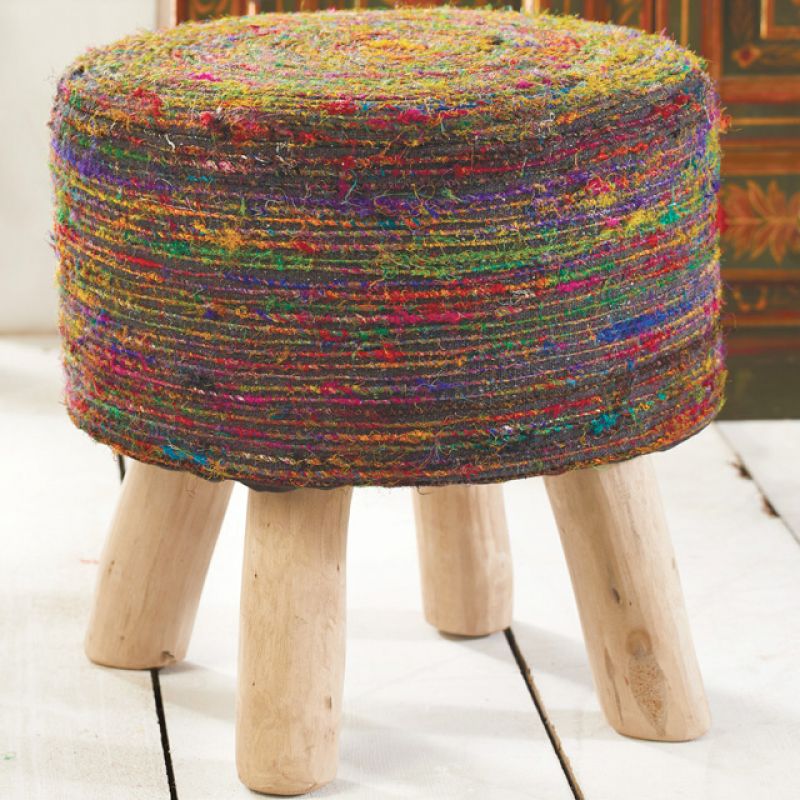 Silk and cotton canvas mango wood stool, 40x40x40cm