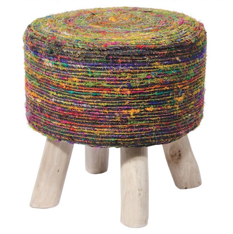 Silk and cotton canvas mango wood stool, 40x40x40cm