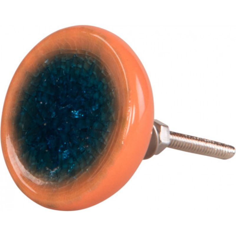 Teal/orange ceramic door knob with crackle glaze