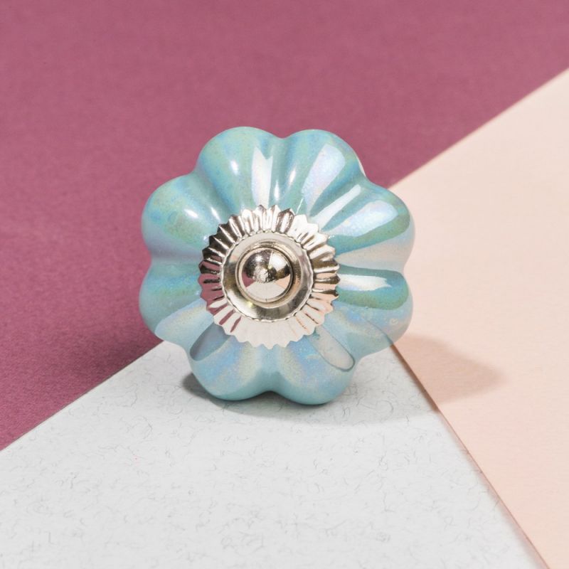 Aqua pearlescent flower door knob 