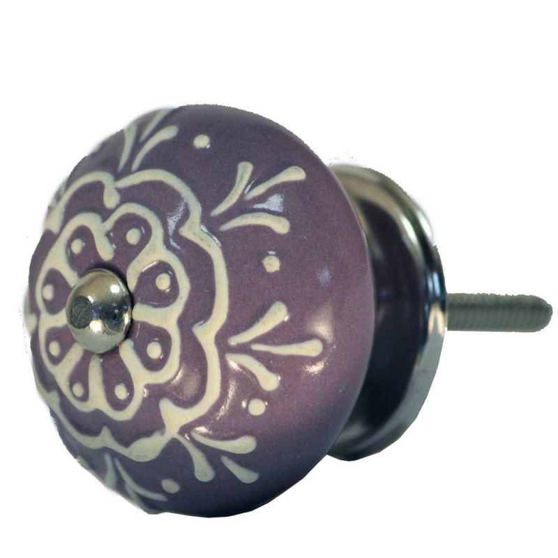 Ceramic Doorknob With White Emboss Painting