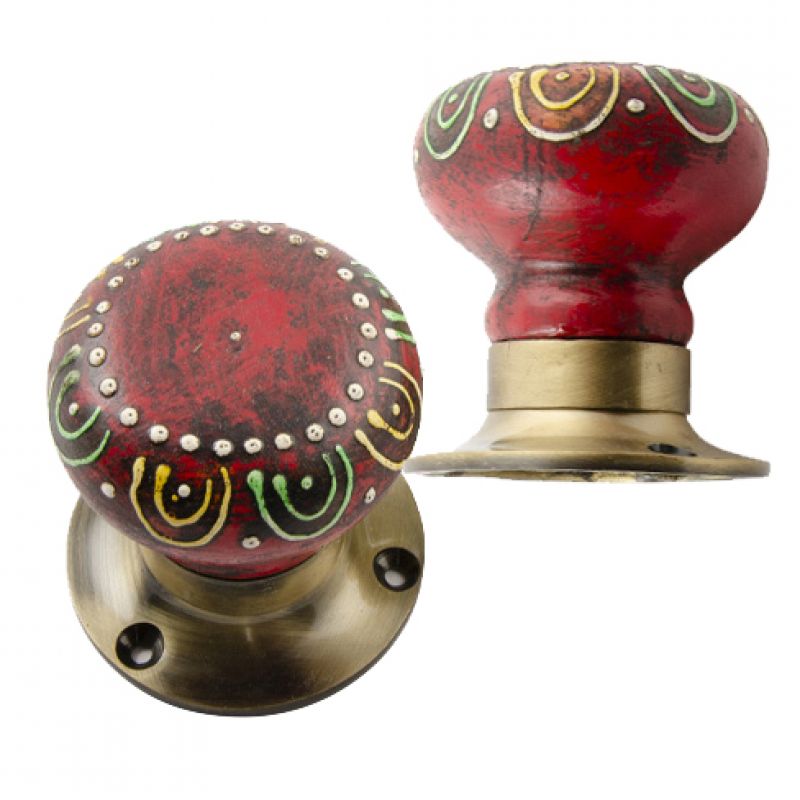 Pair Of Wooden Hand Painted Door Knobs