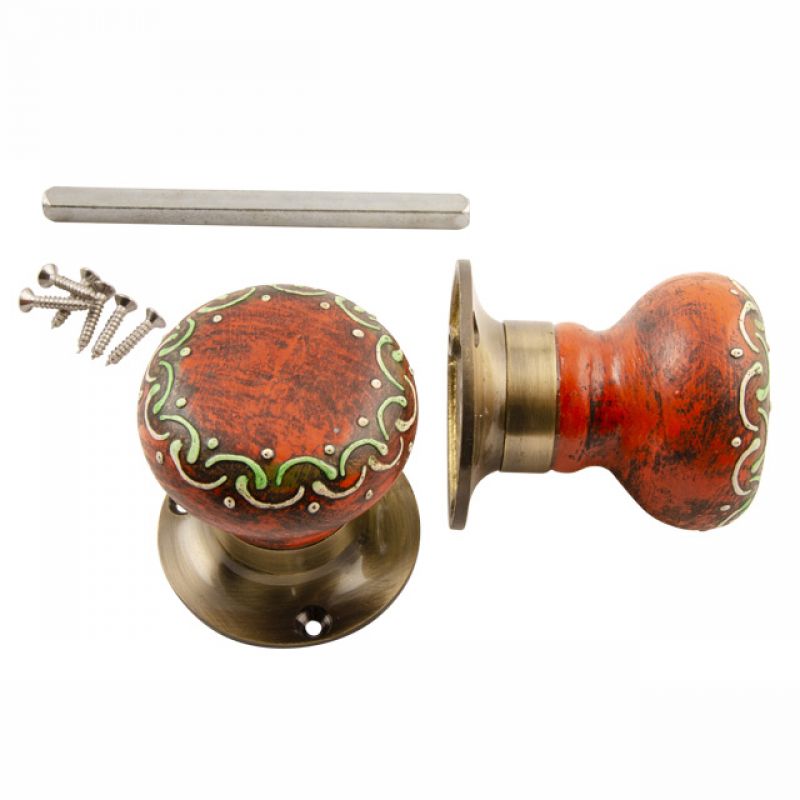 Pair Of Wooden Hand Painted Door Knobs