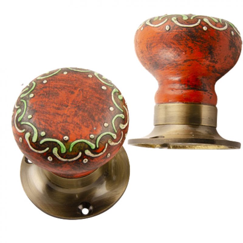 Pair Of Wooden Hand Painted Door Knobs