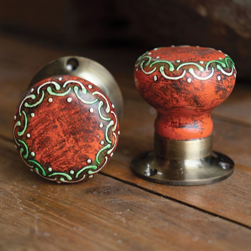 Pair Of Wooden Hand Painted Door Knobs