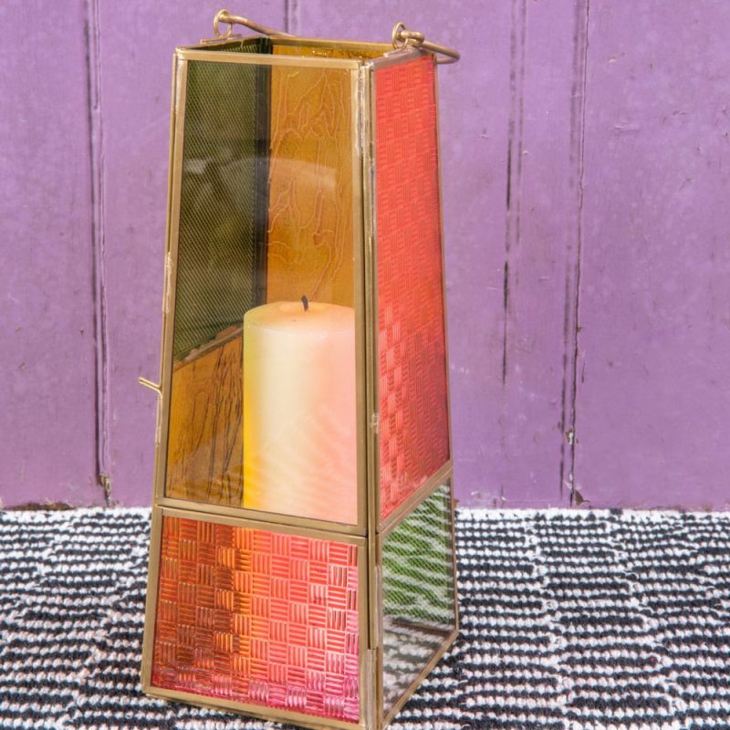 Multi coloured pressed glass lantern 