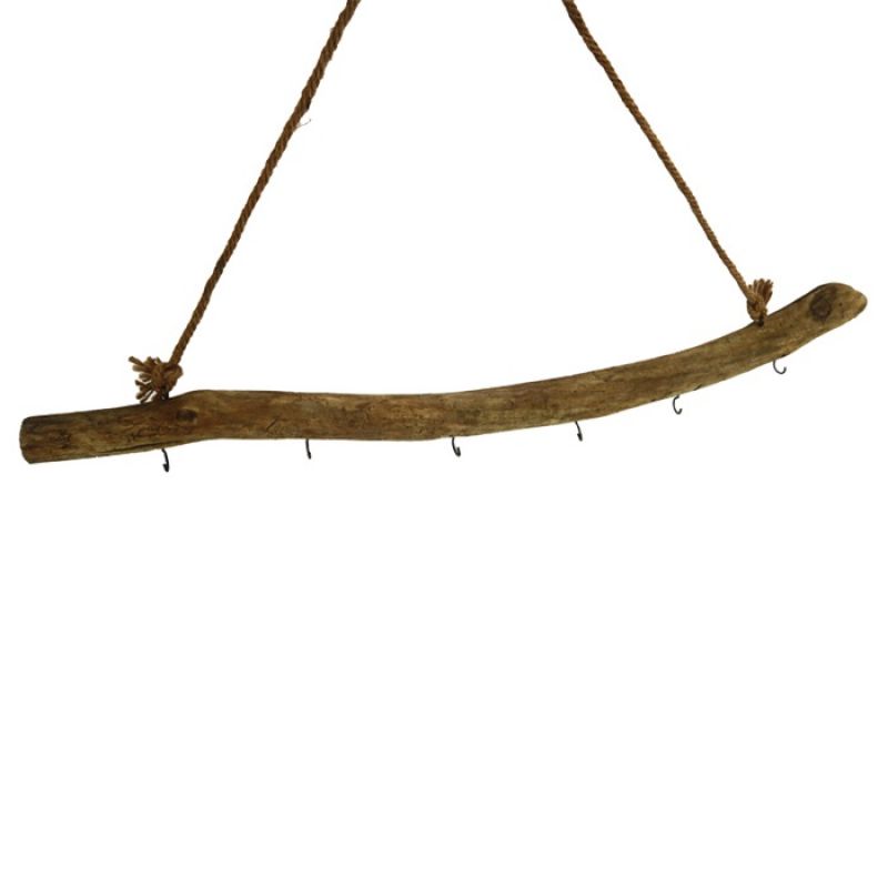 Historic wood stick hanger with 5 hooks 50x25cm Natural
