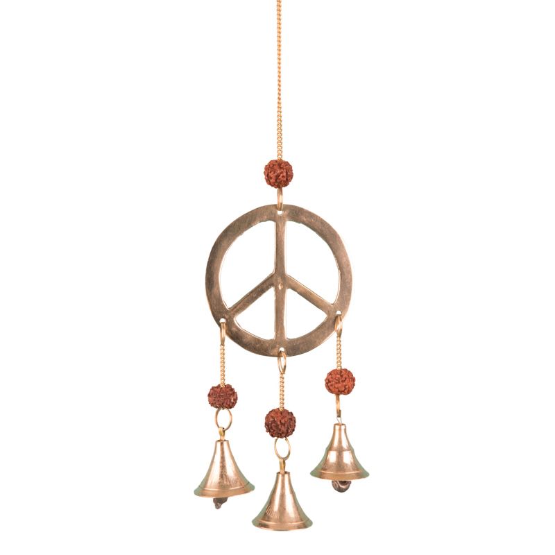 Hanging brass bell chimes peace sign