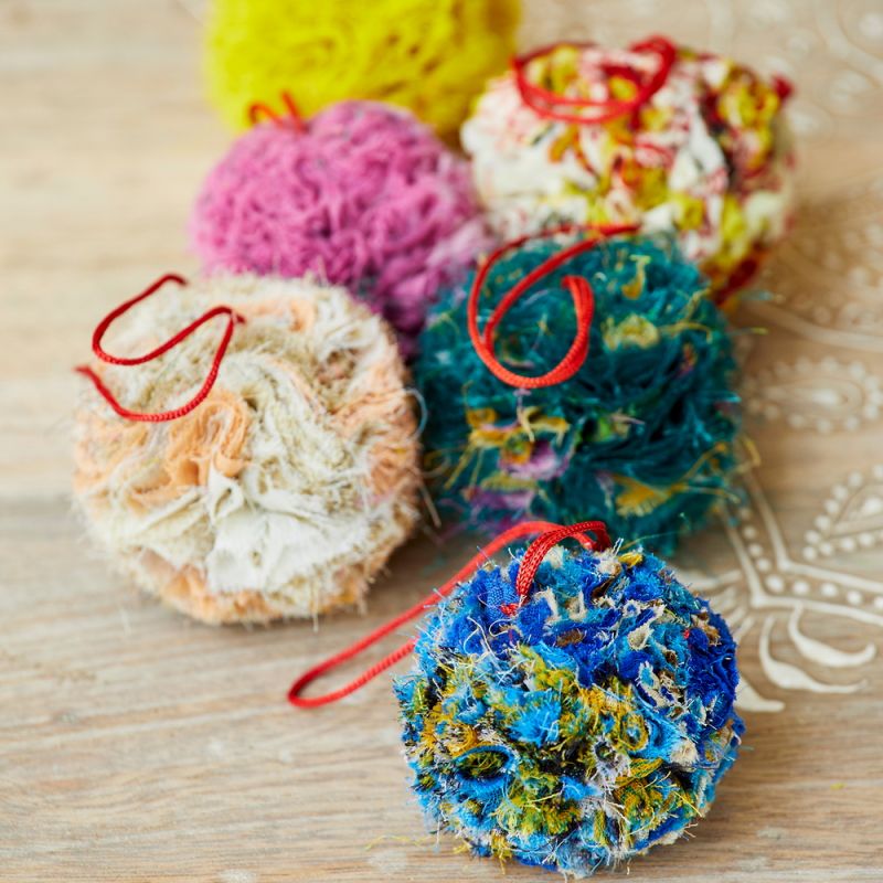 Recycled Sari Fluffy Pom Pom Bauble, 7x7x8cm