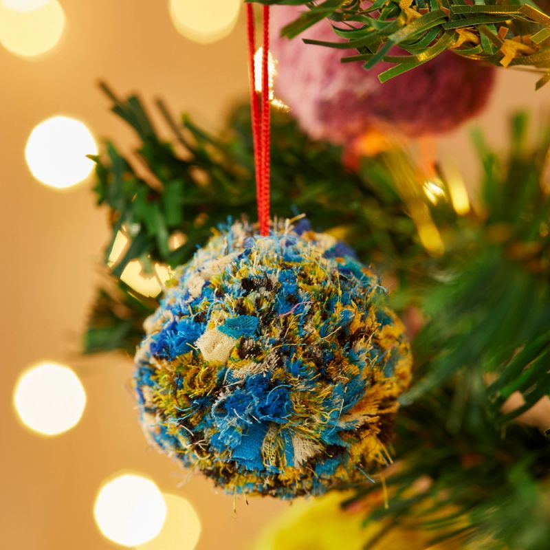 Recycled Sari Fluffy Pom Pom Bauble, 7x7x8cm