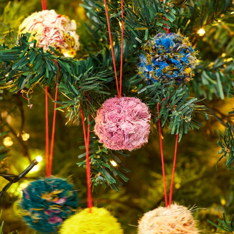 Recycled Sari Fluffy Pom Pom Bauble, 7x7x8cm