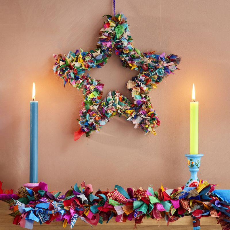 Recycled Sari Wreath Multicolour Star 38 x 6cm