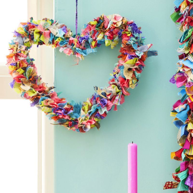 Recycled Sari Wreath Multicolour Heart 38 x 6cm