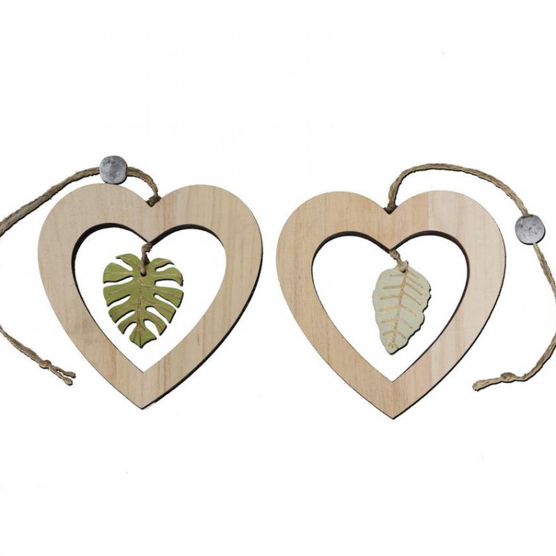 Wooden heart with leaf hanger 12cm 2pc