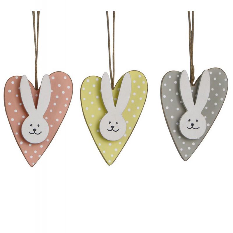 Wooden heart with rabbit on clip 3pc