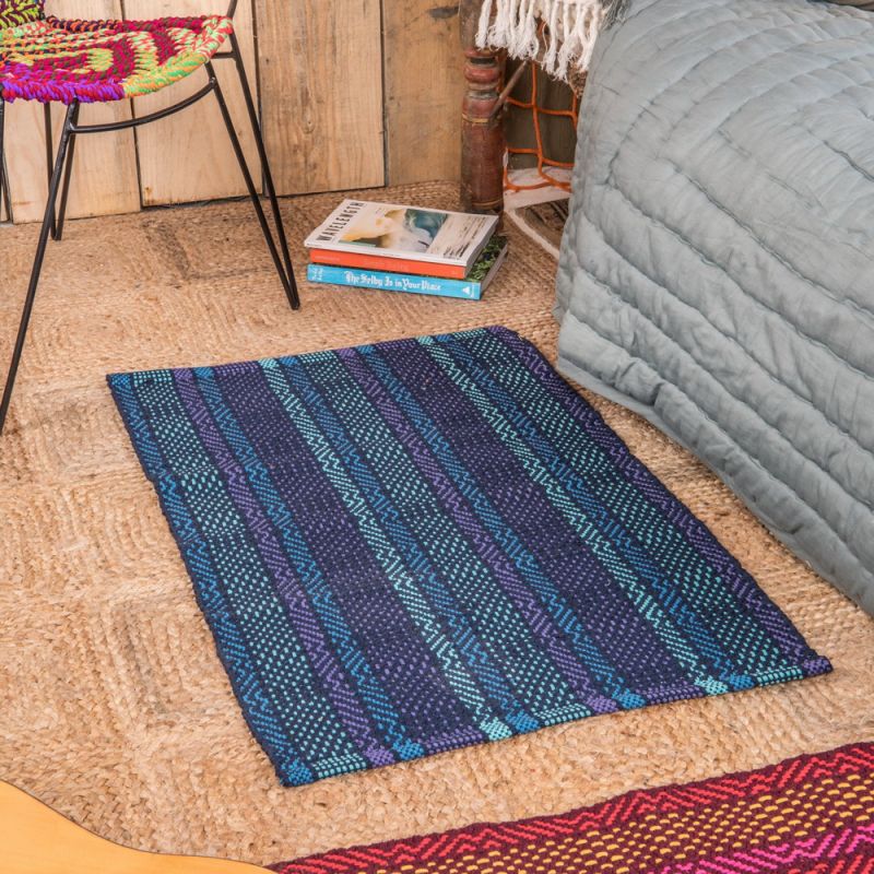 Hand woven cotton calypso rug 60x90cm Blue