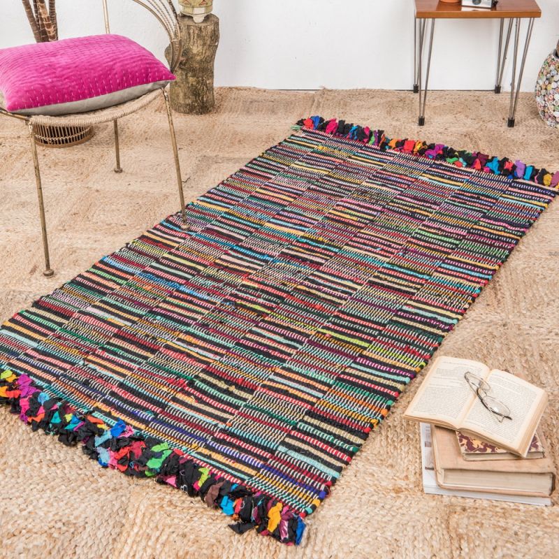 Handloom chequered chindi rug 90x150cm 