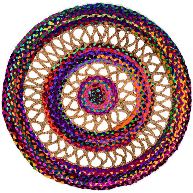 Round multi colour cotton/jute braided rug 90cm