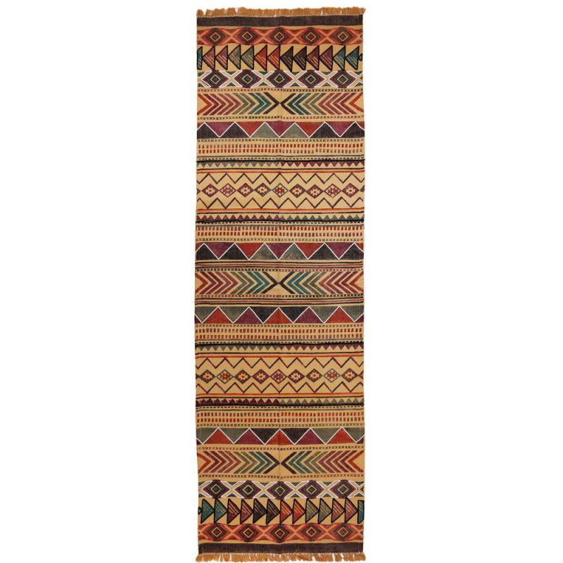 Blockprint Aztec Indian Rug with Embroidery 75 x 240