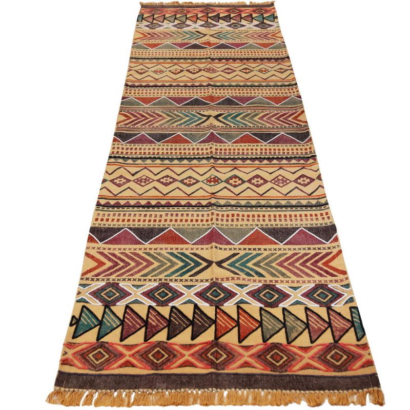 Blockprint Aztec Indian Rug with Embroidery 75 x 240