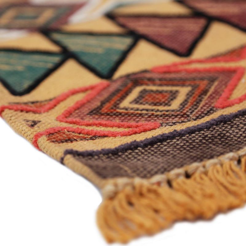 Blockprint Aztec Indian Rug with Embroidery 75 x 240