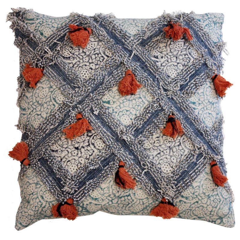 Cushion, blue with tassels 50x50cm
