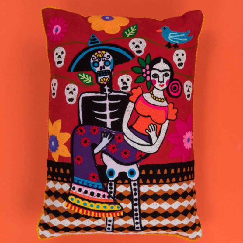 Day of the dead skeleton crewel work cushion