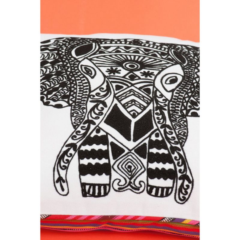 Black & white embroidered elephant cushion