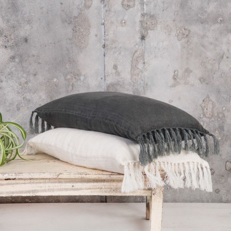 Dark grey 100% linen cushion with tassels 