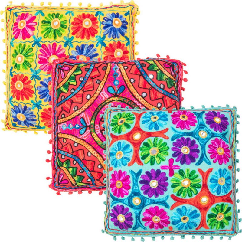 Embroidered & mirrored gypsy cotton cushion