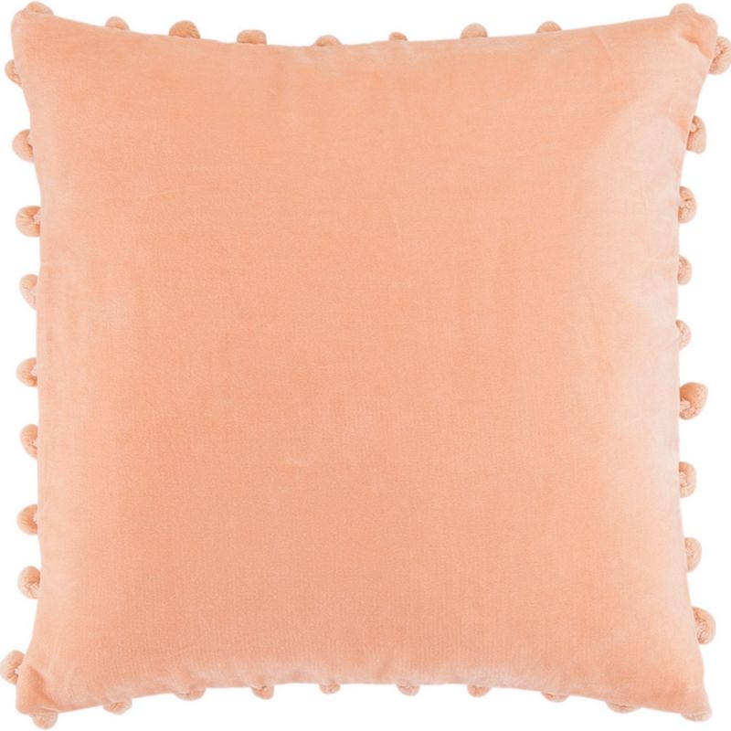 Peach cotton velvet cushion with pom poms