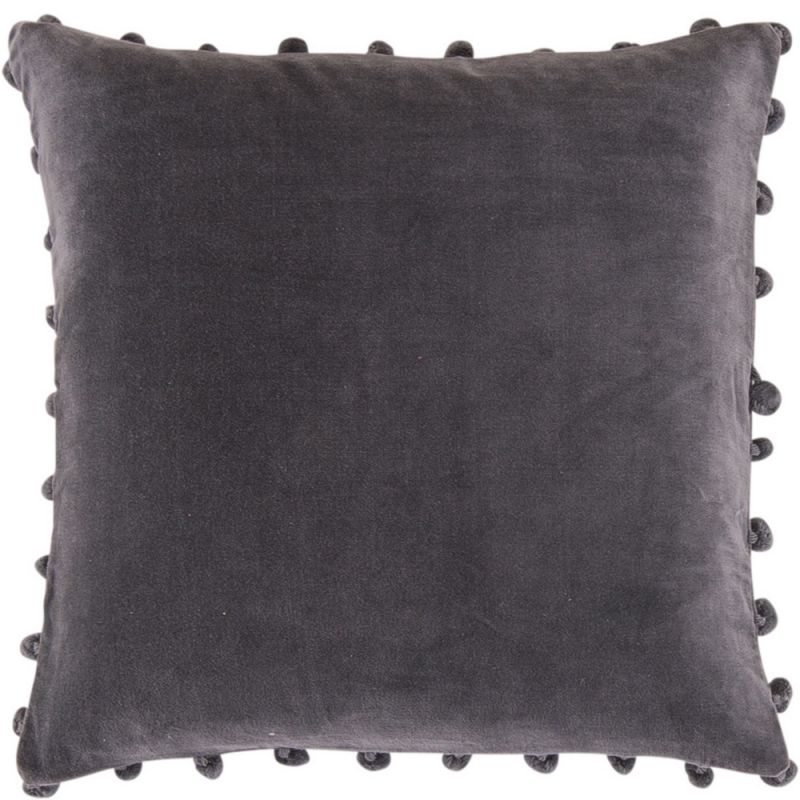 Grey cotton velvet cushion with pom poms 