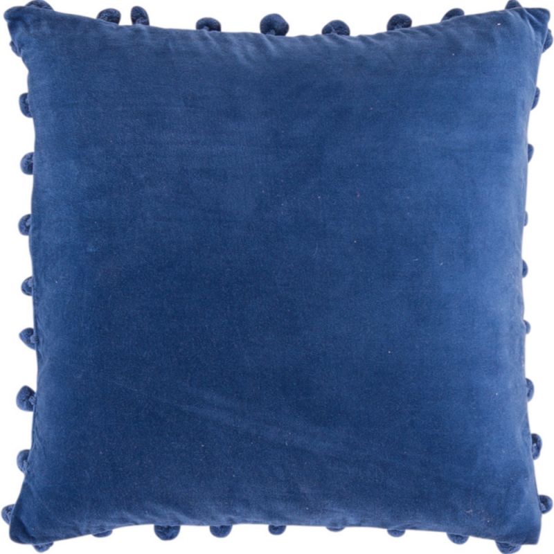 Blue cotton velvet cushion with pom poms