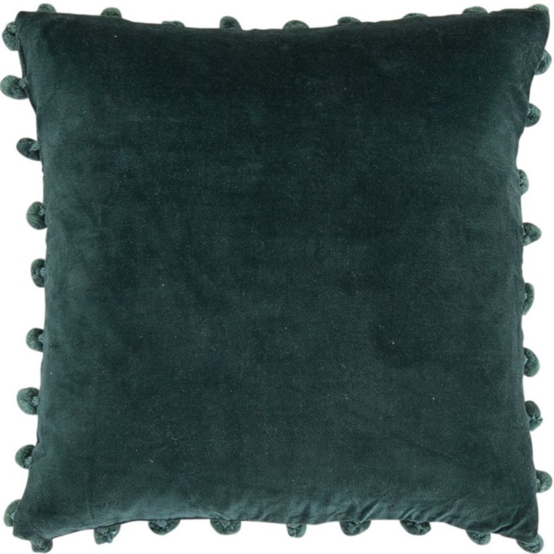 Dark green cotton velvet cushion with pom poms 