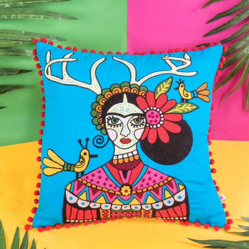 Day of the dead embroidered stag horns cushion 