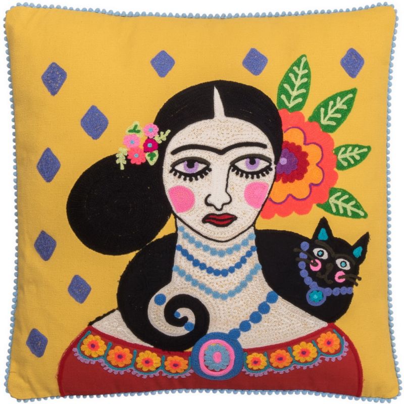 Day of the dead embroidered cat filled cushion 