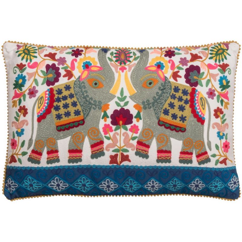 Embroidered elephant filled cushion on white background 