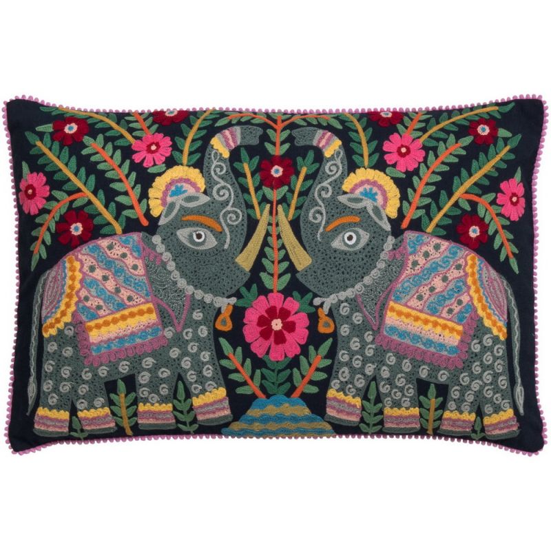Embroidered elephant filled cushion on dark navy background 