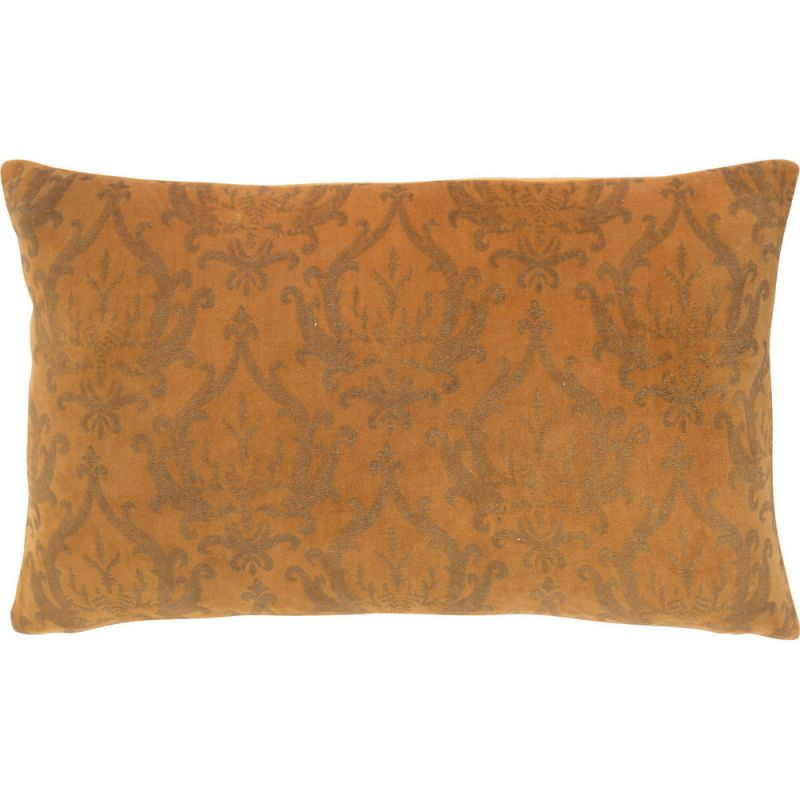 Ochre cotton velvet cushion gold damask print