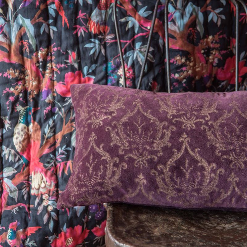 Fuchsia cotton velvet cushion damask print 