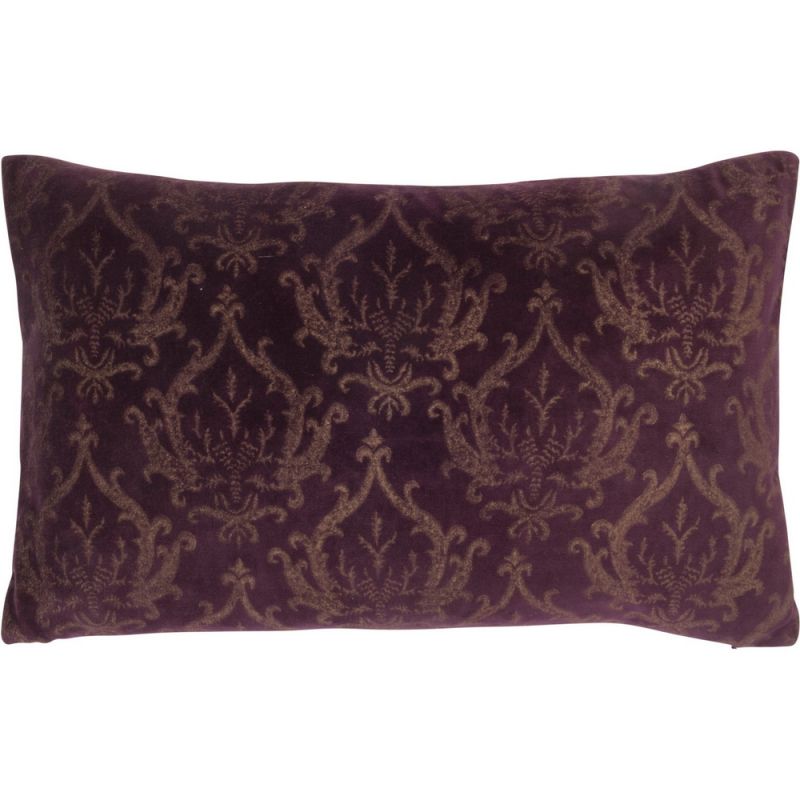 Dark purple cotton velvet cushion gold damask print 