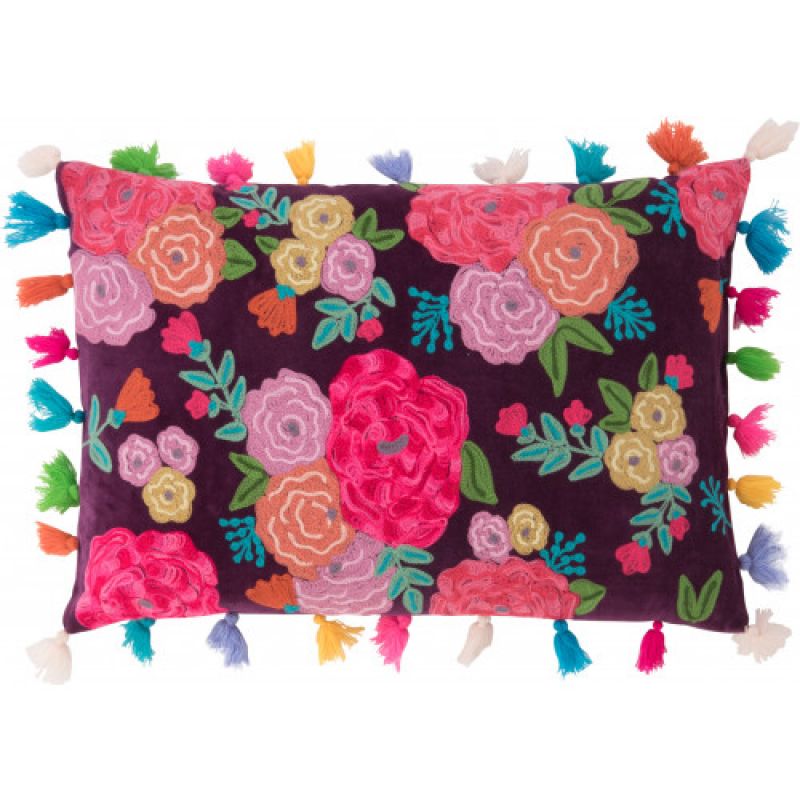 embroidered roses filled cushion with multi coloured tassels W:60cm D:13cm H:40cm