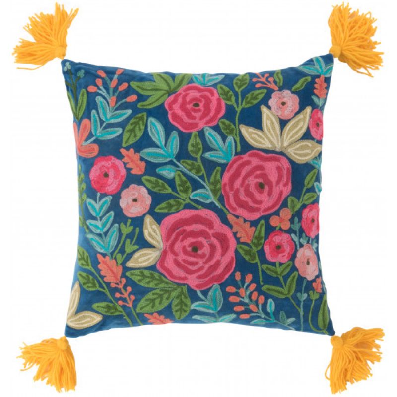 embroidered roses filled cushion with thick wool mustard tassels W:45cm H:45cm
