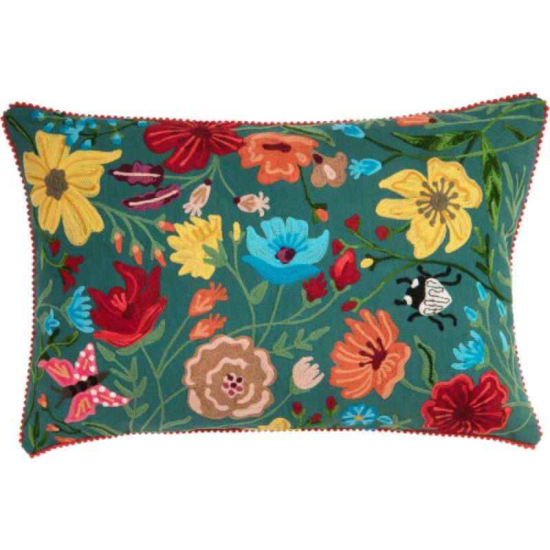 Green floribunda embroidered cushion