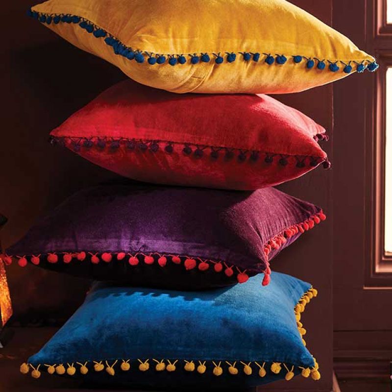 Cotton Velvet Cushion With Pom Poms 45 x 45cm