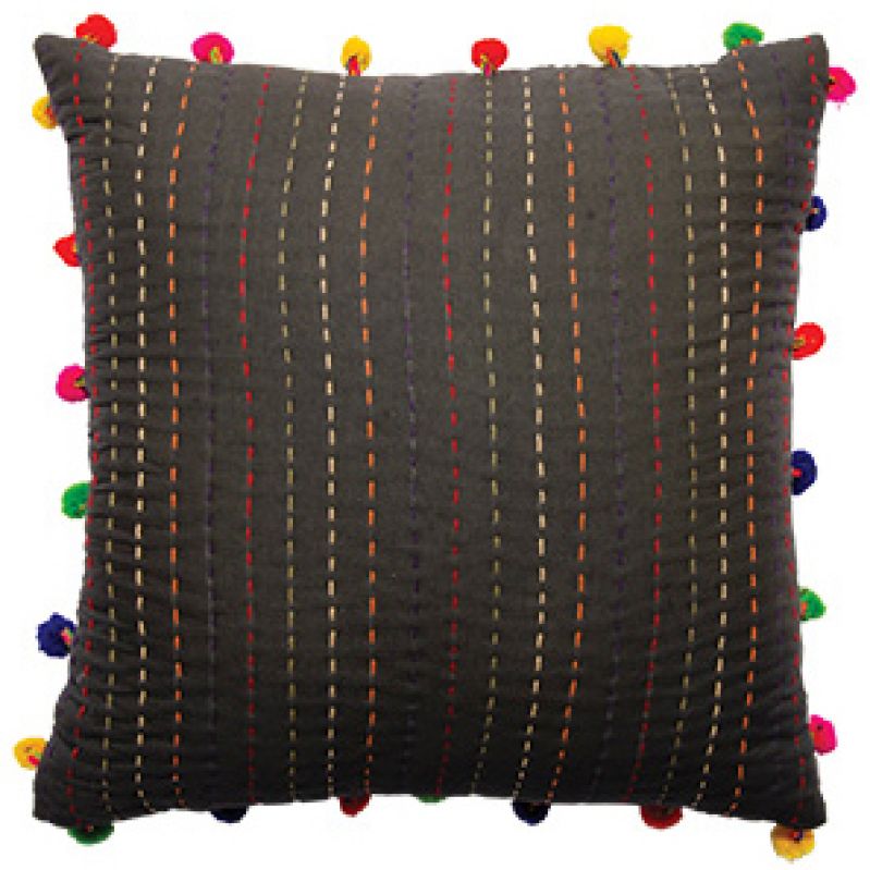 Kantha Cushion With Pom Poms 45cm